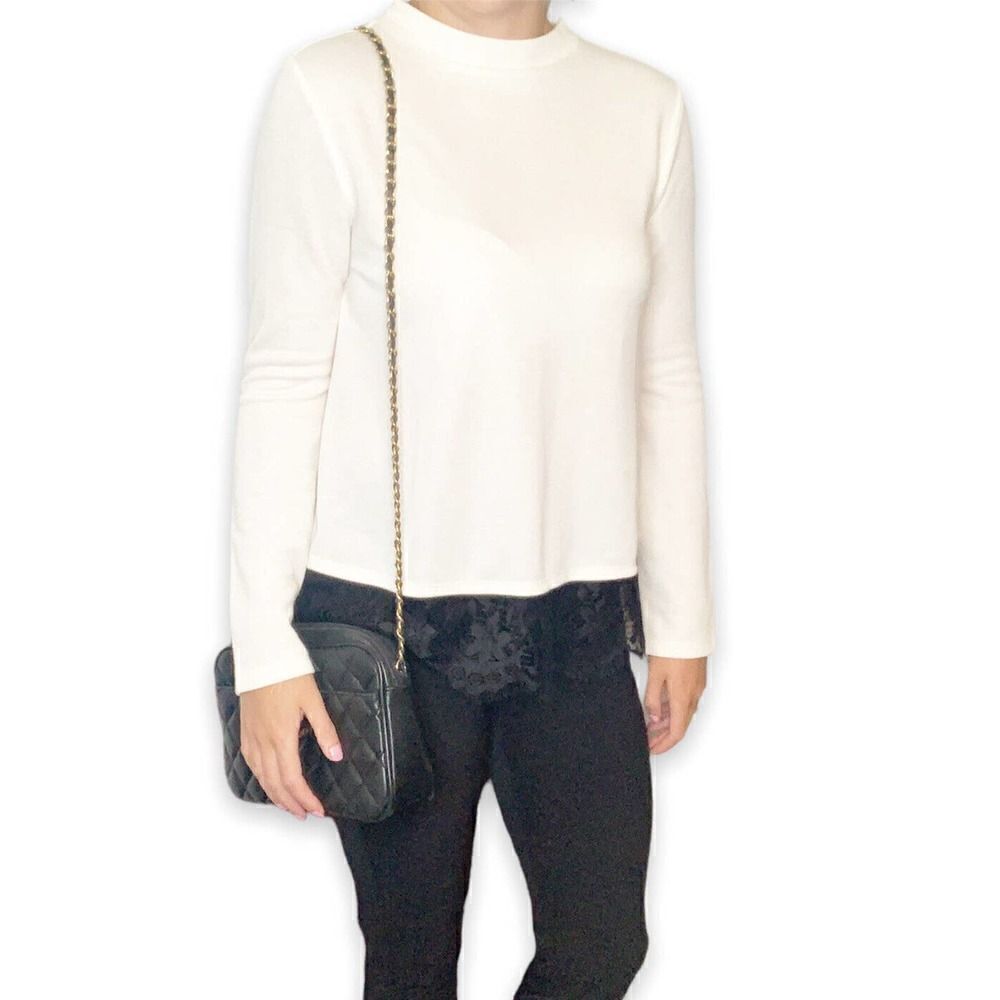 LOFT Outlet Light Sweater Winter White Cream Crew Neck Black Lace Hem Size Small